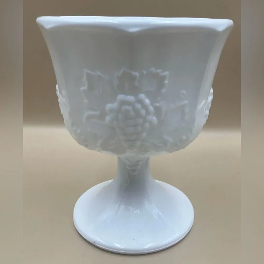 Indiana Glass White Milk Pedestal 6 2/2 In Tall Vase 3 In Round Grape Floral